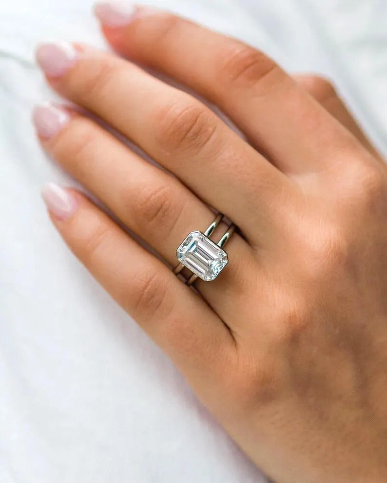 Emerald Cut Moissanite Solitaire Ring, Double Band Minimalist Ring in 14K White Gold Ring, Emerald Lab Grown Diamond Ring