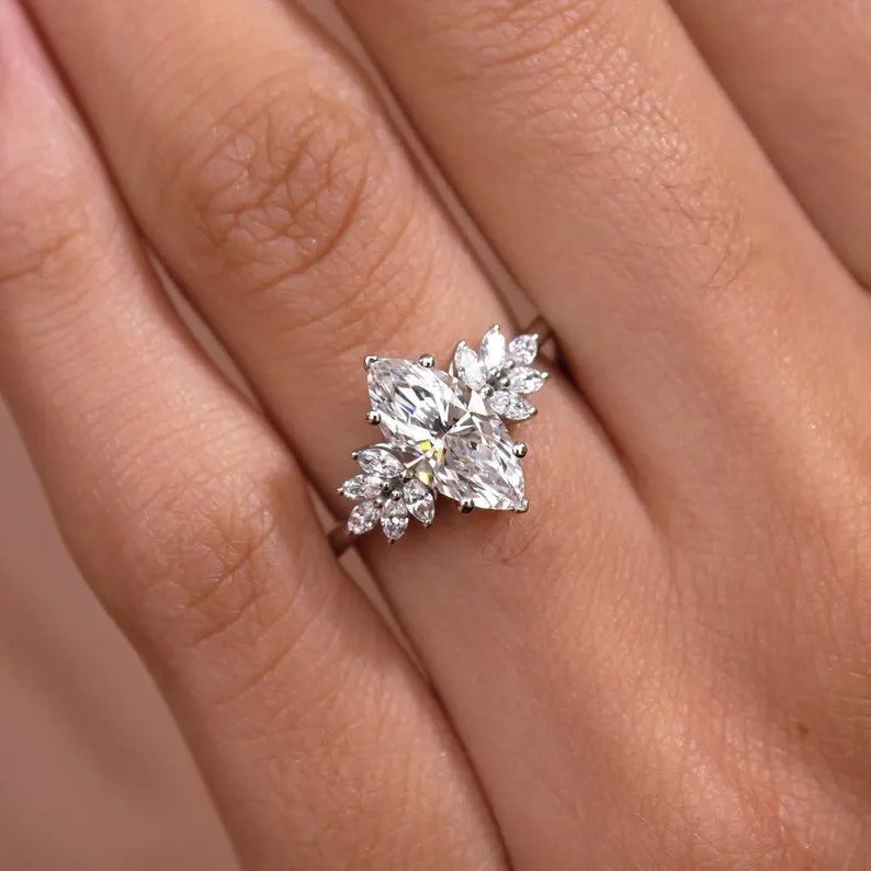 Marquise Moissanite Engagement Ring with Leaf Cluster Side Stones – 14K Gold Nature-Inspired Floral Ring – Vintage Style Bridal Ring