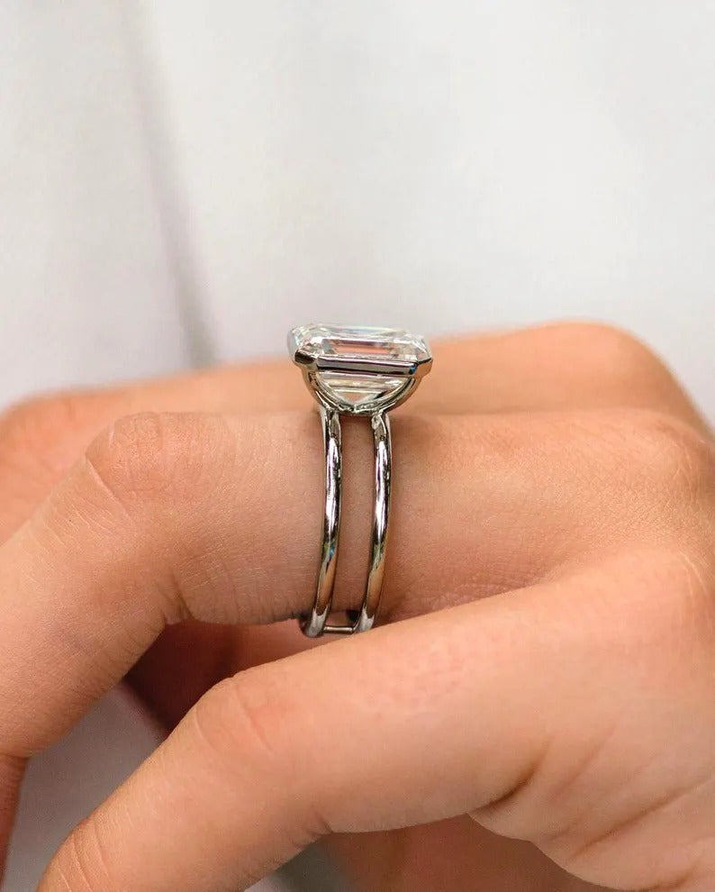 Emerald Cut Moissanite Solitaire Ring, Double Band Minimalist Ring in 14K White Gold Ring, Emerald Lab Grown Diamond Ring