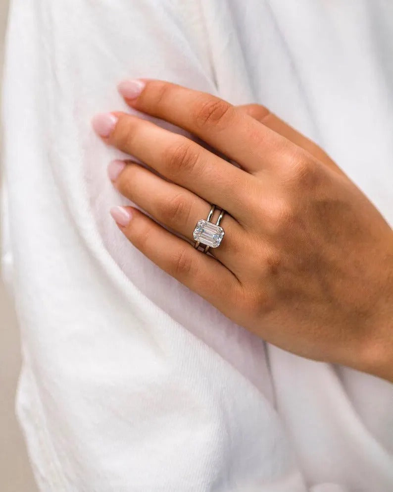 Emerald Cut Moissanite Solitaire Ring, Double Band Minimalist Ring in 14K White Gold Ring, Emerald Lab Grown Diamond Ring