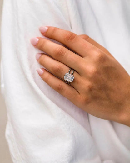 Emerald Cut Moissanite Solitaire Ring, Double Band Minimalist Ring in 14K White Gold Ring, Emerald Lab Grown Diamond Ring