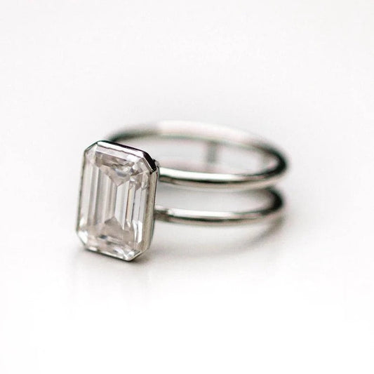 Emerald Cut Moissanite Solitaire Engagement Ring – Double Band Minimalist Ring in 14K White Gold – Modern Lab Grown Diamond Alternative Ring