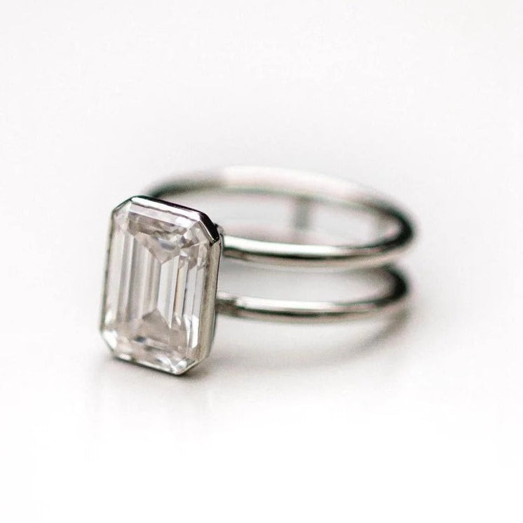 Emerald Cut Moissanite Solitaire Ring, Double Band Minimalist Ring in 14K White Gold Ring, Emerald Lab Grown Diamond Ring