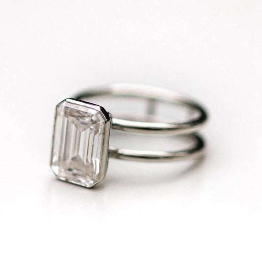 Emerald Cut Moissanite Solitaire Ring, Double Band Minimalist Ring in 14K White Gold Ring, Emerald Lab Grown Diamond Ring