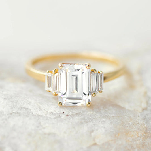 1.60CT Emerald Cut Moissanite or Lab Grown Diamond 5 Stone Engagement Ring | 18K Gold Wedding & Anniversary Ring