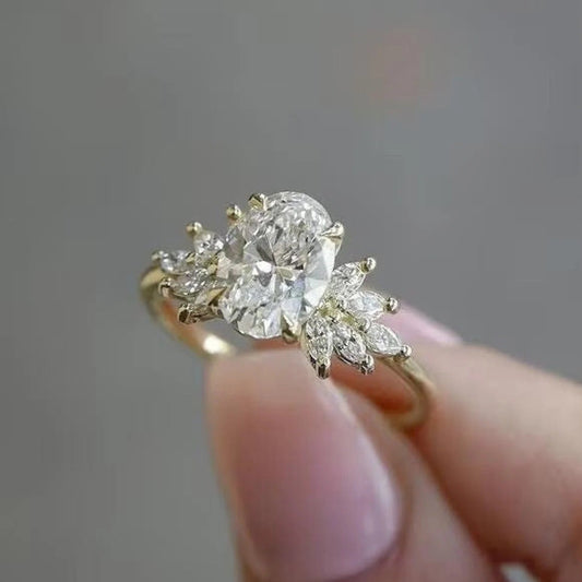 1.5 CT Oval Cut Moissanite Sunburst Halo Engagement Ring, 14K Gold Lab Grown Diamond Ring