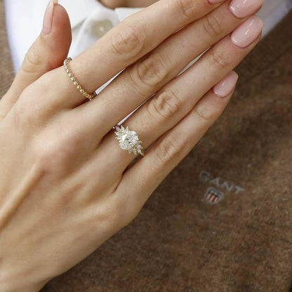 1.5 CT Oval Cut Moissanite Sunburst Halo Engagement Ring, 14K Gold Lab Grown Diamond Ring