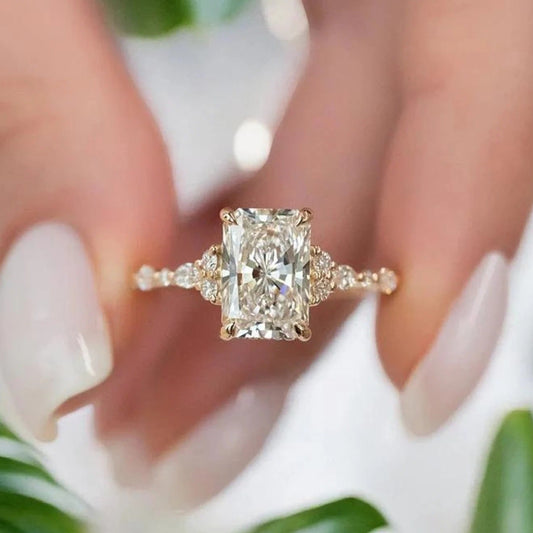 2 CT Radiant Cut Moissanite Engagement Ring Solid Gold Wedding Ring 14K Gold Half Eternity Band Diamond Ring Hidden Halo Anniversary Ring