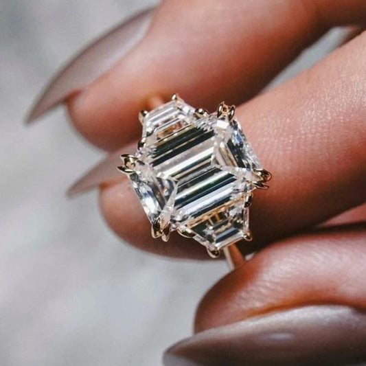 4 CT Emerald Cut Moissanite Three Stone Engagement Ring, 14K Gold Lab Grown Diamond Ring