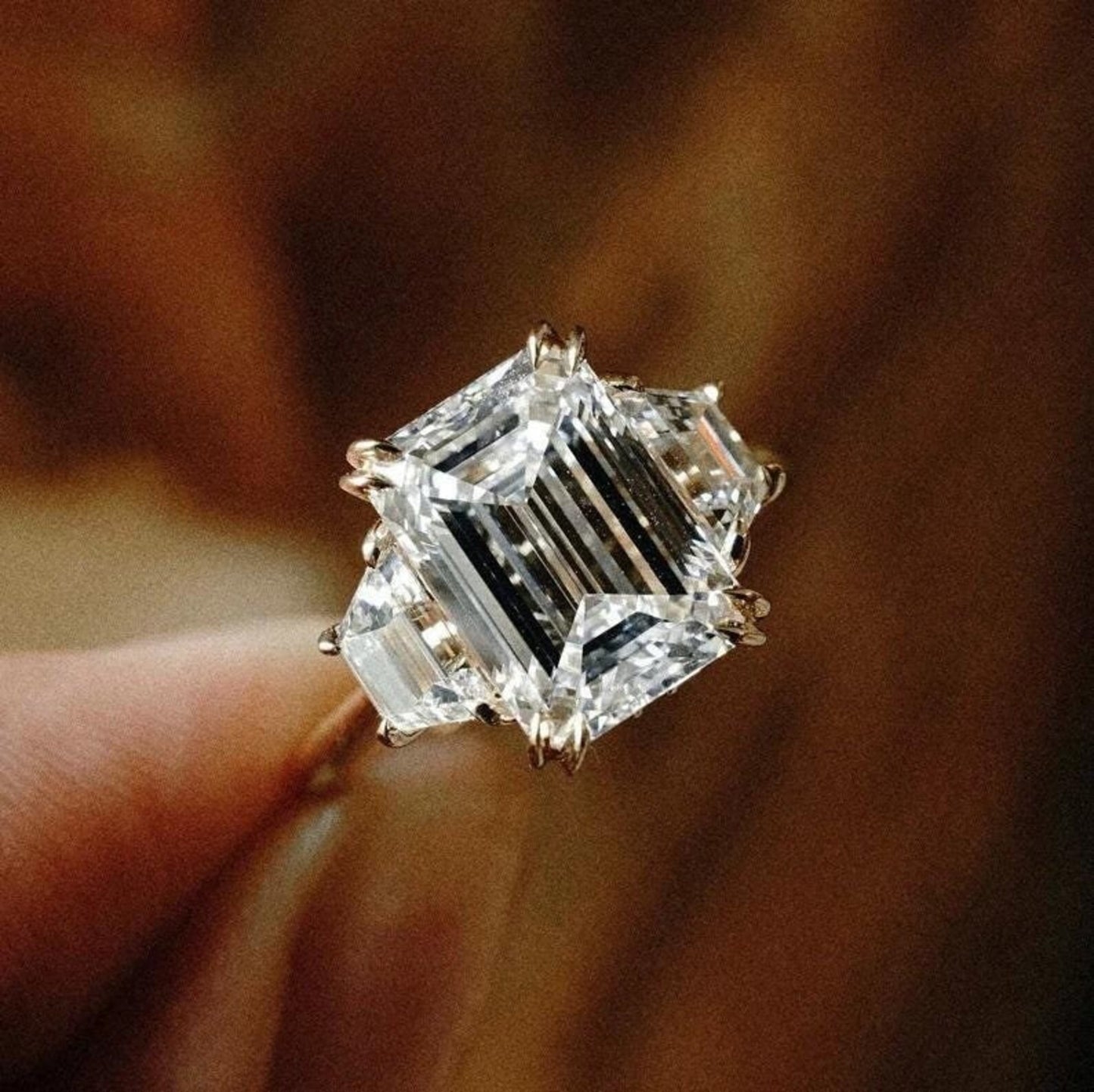 4 CT Emerald Cut Moissanite Three Stone Engagement Ring, 14K Gold Lab Grown Diamond Ring