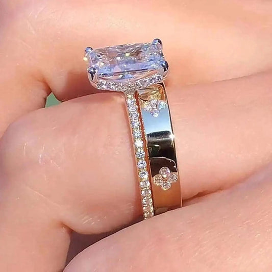 3CT Radiant Cut Moissanite Wedding Ring Set 14K Solid Gold Ring With Round Eternity Band Engagement Ring Set Promise Ring Radiant Bridal Set
