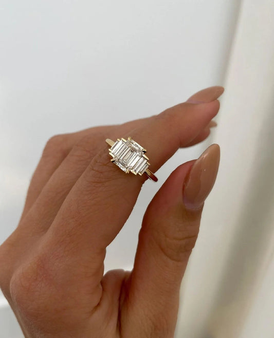 Five Stone Moissanite Engagement Ring Emerald Cut Engagement Ring Five Stone Engagement Ring Moissanite Five Stone Emerald Cut Ring