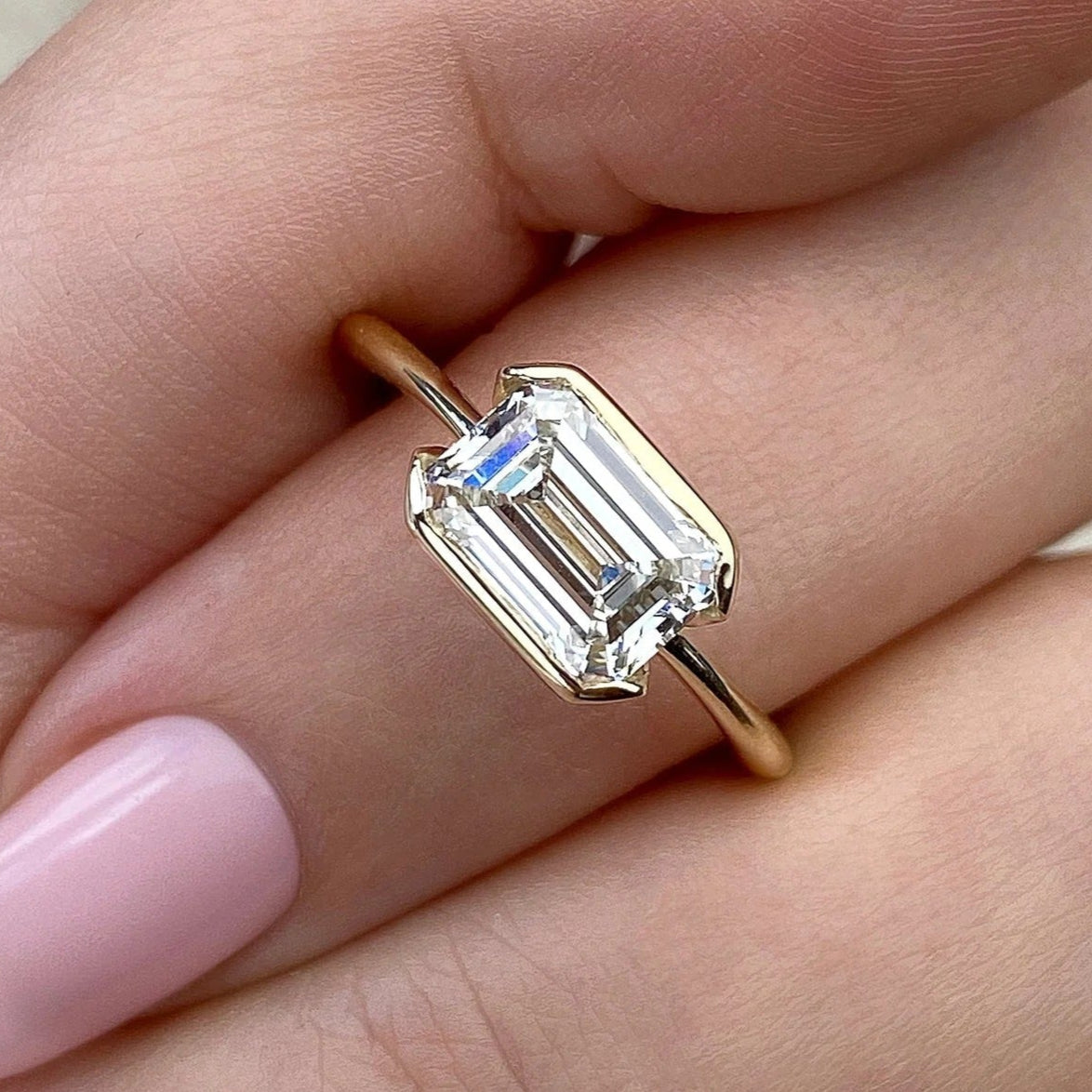 Emerald Cut Moissanite Ring – 2.2 CT Half Bezel Solitaire Engagement Ring – 14K Gold Ring