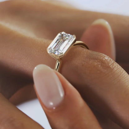 Emerald Cut Moissanite Ring – 2.2 CT Half Bezel Solitaire Engagement Ring – 14K Gold Ring