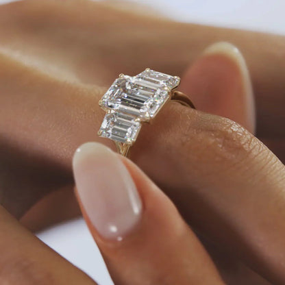Emerald Cut Moissanite Three Stone Ring – 14K Solid Gold Step-Cut Engagement Ring for Her