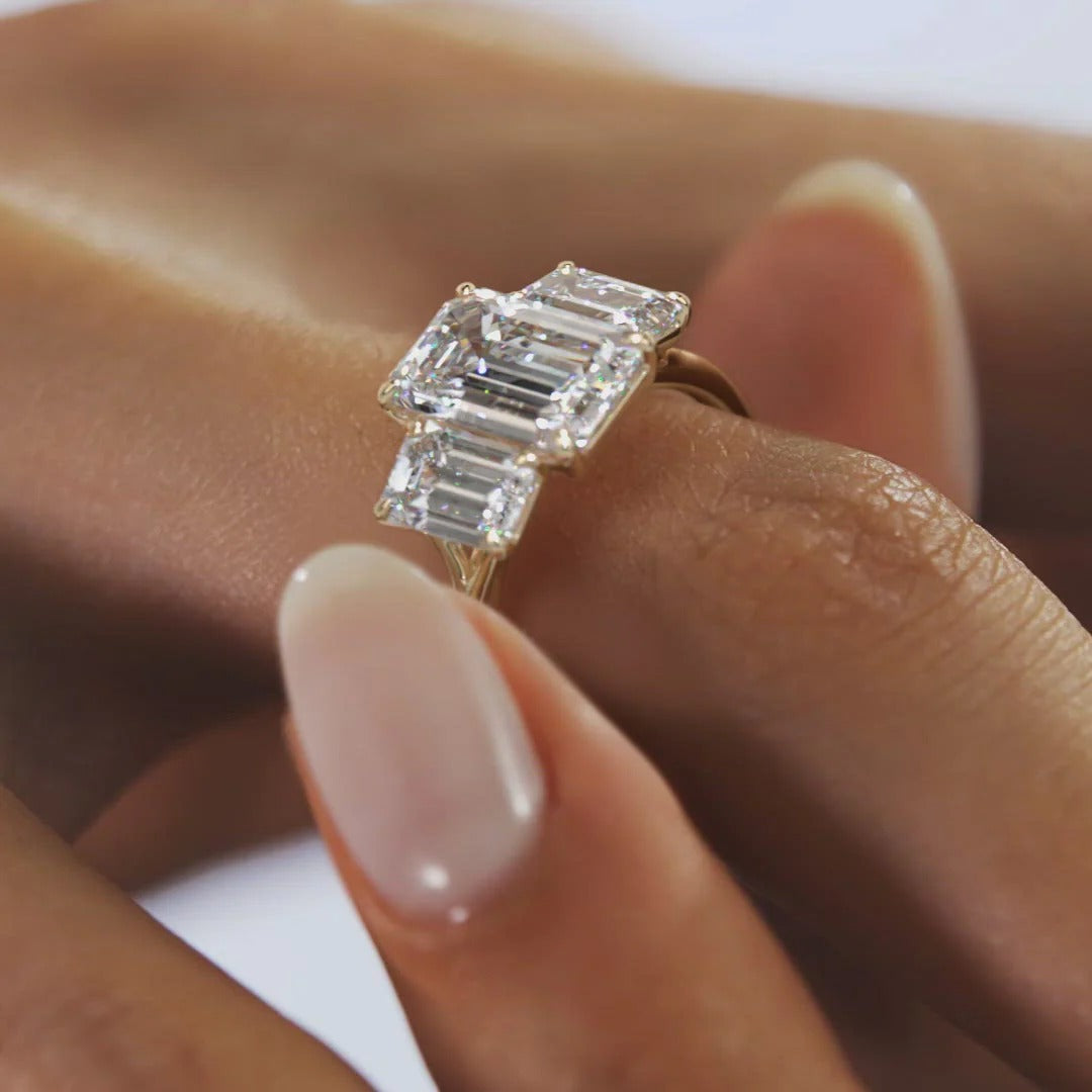 Emerald Cut Moissanite Three Stone Ring – 14K Solid Gold Step-Cut Engagement Ring for Her