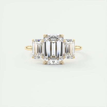 Emerald Cut Moissanite Three Stone Ring – 14K Solid Gold Step-Cut Engagement Ring for Her