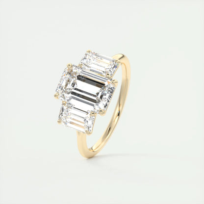 Emerald Cut Moissanite Three Stone Ring – 14K Solid Gold Step-Cut Engagement Ring for Her