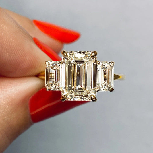 Emerald Cut Moissanite Three Stone Ring – 14K Solid Gold Step-Cut Engagement Ring for Her
