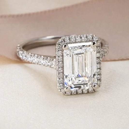 Emerald Cut Moissanite and Lab-Grown Diamond Halo Engagement Ring – 14K Gold Eco-Friendly Bridal Ring – Ethical Diamond Alternative