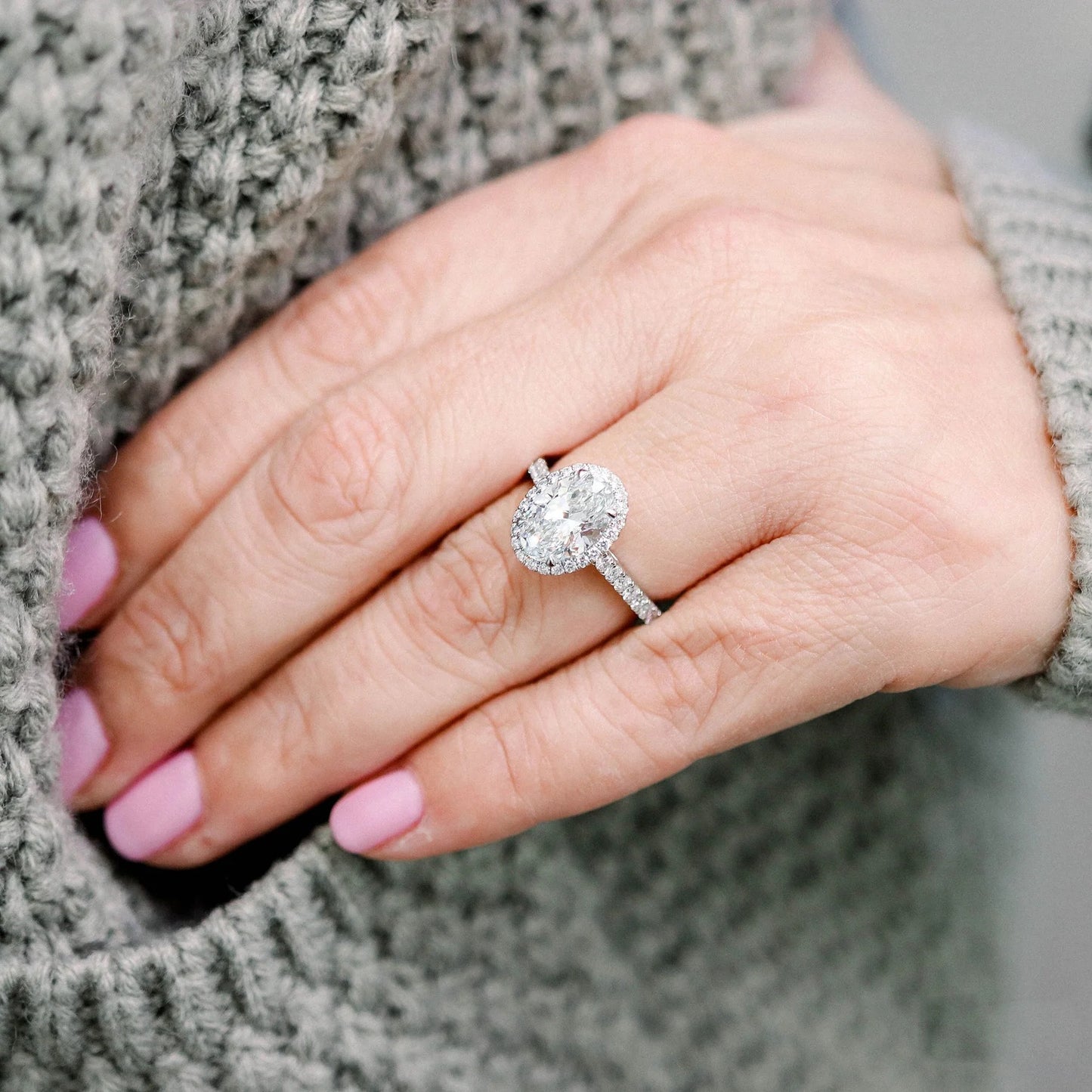 Oval Halo Moissanite Engagement Ring - 14K Gold Wedding Ring - Oval Lab Grown Diamond Ring