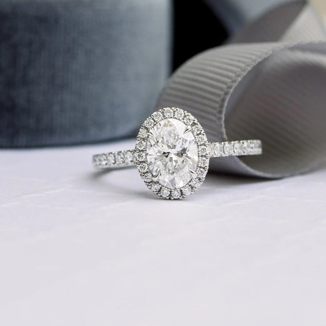 Oval Halo Moissanite Engagement Ring - 14K Gold Wedding Ring - Oval Lab Grown Diamond Ring