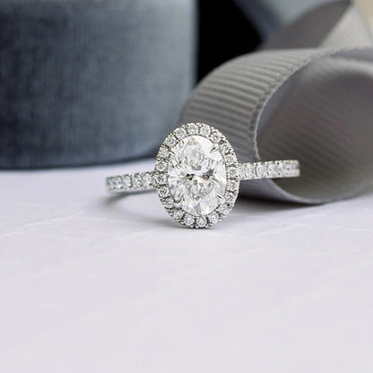 Oval Halo Moissanite Engagement Ring - 14K Gold Wedding Ring - Oval Lab Grown Diamond Ring