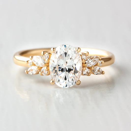1 CT Oval Moissanite Cluster Engagement Ring – Floral Inspired 14K Solid Gold Ring for Her
