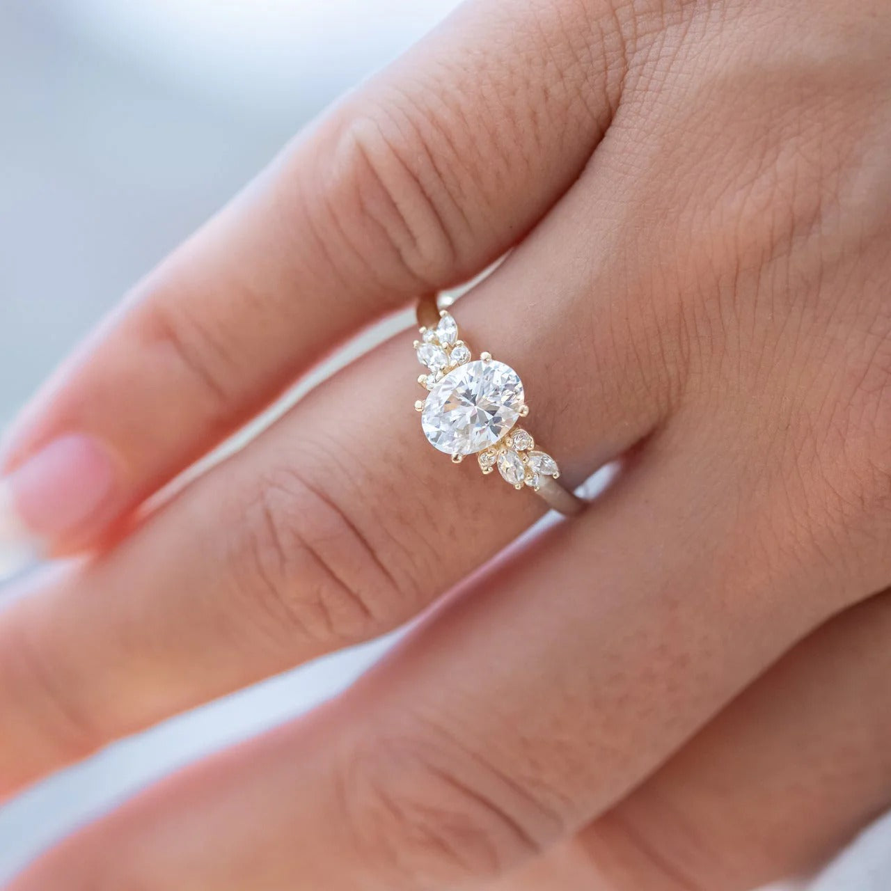 1 CT Oval Moissanite Cluster Engagement Ring – Floral Inspired 14K Solid Gold Ring for Her