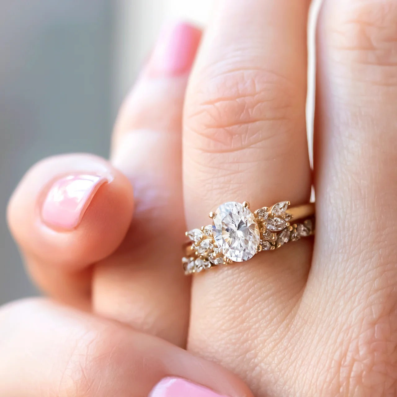 1 CT Oval Moissanite Cluster Engagement Ring – Floral Inspired 14K Solid Gold Ring for Her