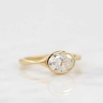 1 CT Oval East West Bezel Set Moissanite Ring – Modern 14K Gold Solitaire Engagement Ring
