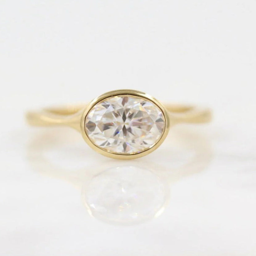 1 CT Oval East West Bezel Set Moissanite Ring – Modern 14K Gold Solitaire Engagement Ring