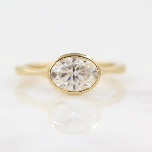 1 CT Oval East West Bezel Set Moissanite Ring – Modern 14K Gold Solitaire Engagement Ring