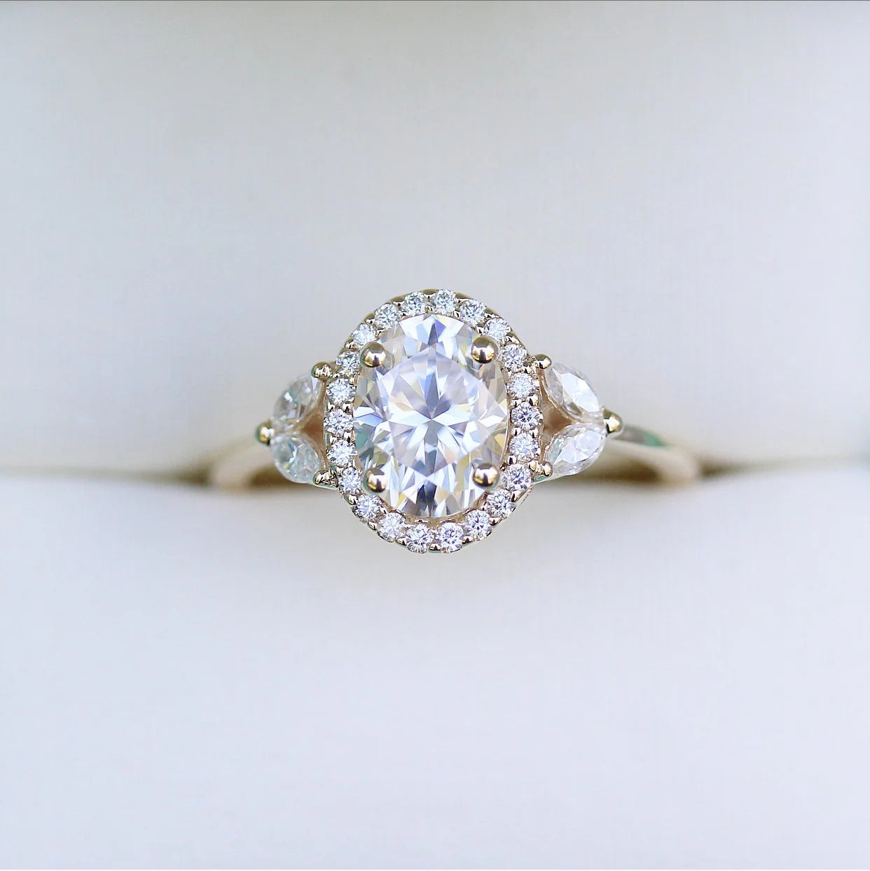 Oval Moissanite Halo Engagement Ring – Marquise Side Stone 14K White Gold Ring for Her