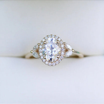 Oval Moissanite Halo Engagement Ring – Marquise Side Stone 14K White Gold Ring for Her