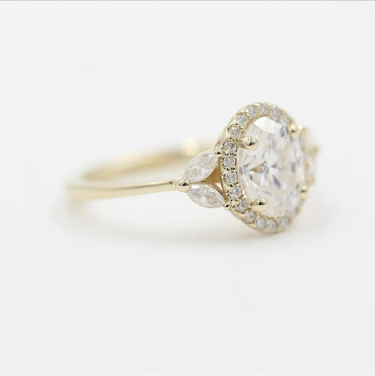 Oval Moissanite Halo Engagement Ring – Marquise Side Stone 14K White Gold Ring for Her