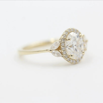 Oval Moissanite Halo Engagement Ring – Marquise Side Stone 14K White Gold Ring for Her