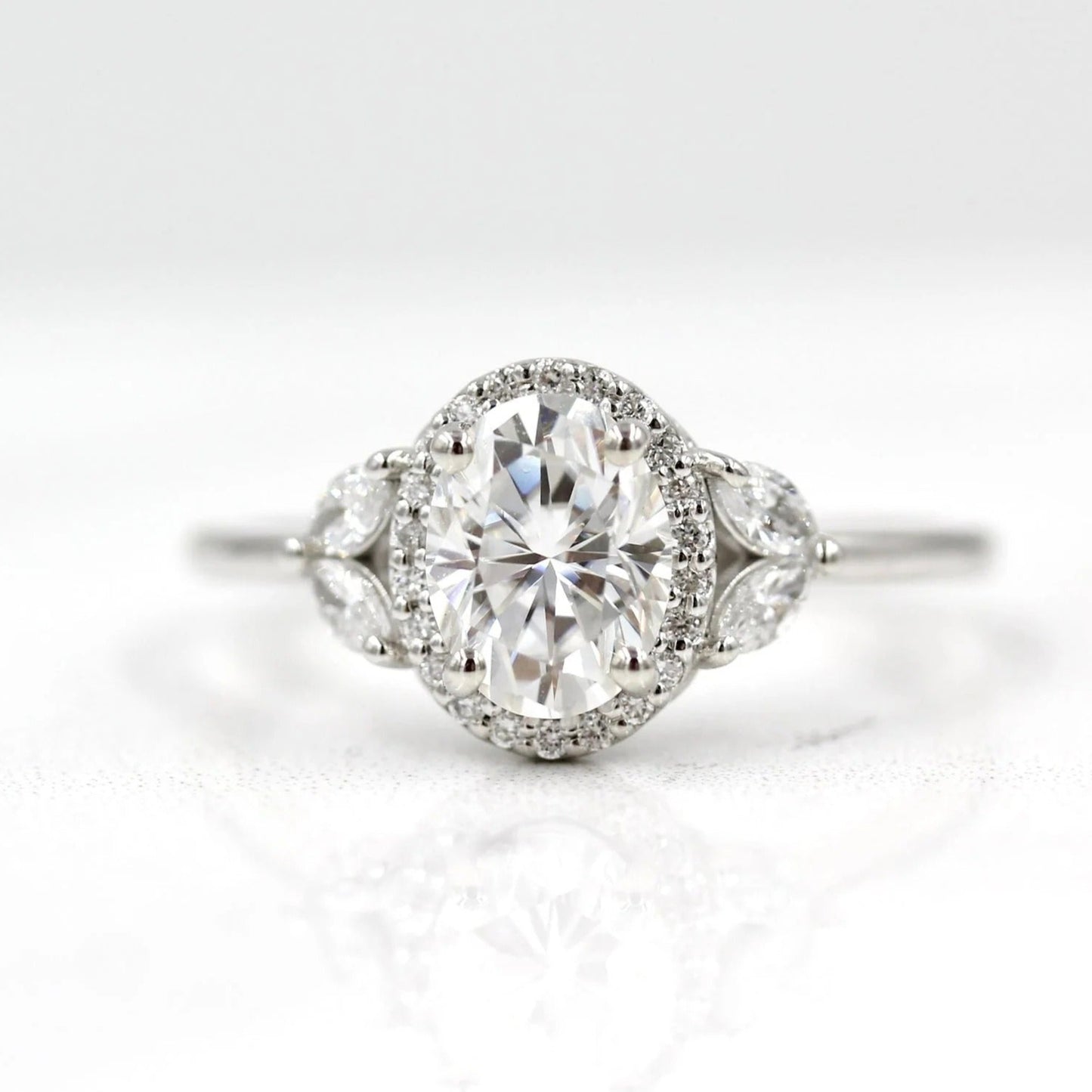 Oval Moissanite Halo Engagement Ring – Marquise Side Stone 14K White Gold Ring for Her