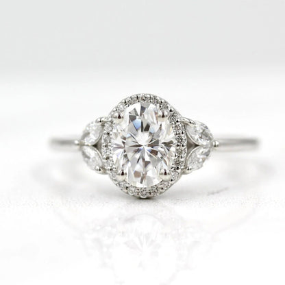 Oval Moissanite Halo Engagement Ring – Marquise Side Stone 14K White Gold Ring for Her