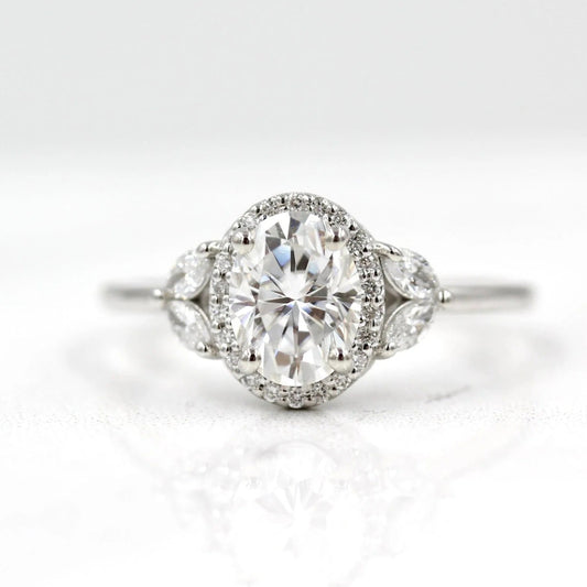 Oval Moissanite Halo Engagement Ring – Marquise Side Stone 14K White Gold Ring for Her