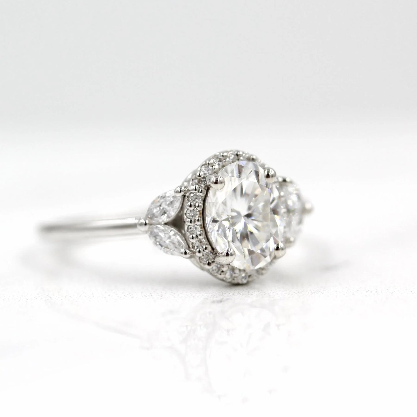 Oval Moissanite Halo Engagement Ring – Marquise Side Stone 14K White Gold Ring for Her