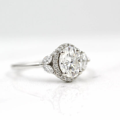 Oval Moissanite Halo Engagement Ring – Marquise Side Stone 14K White Gold Ring for Her