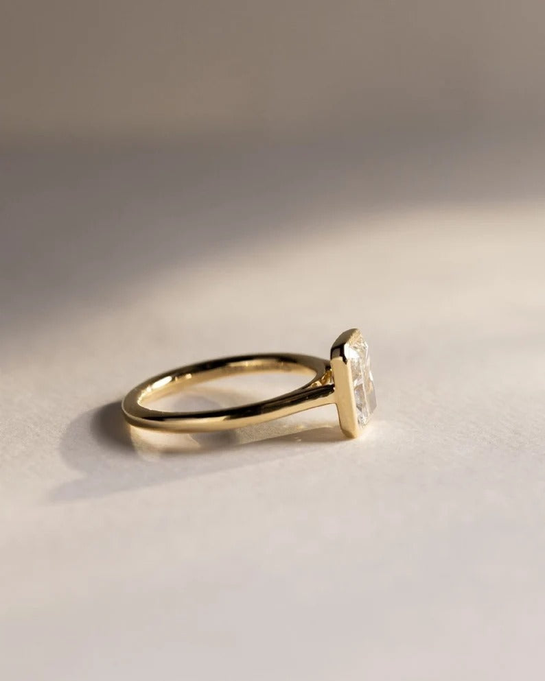 Radiant Cut Moissanite Bezel Set Ring – 14K Yellow Gold Minimalist Engagement Ring