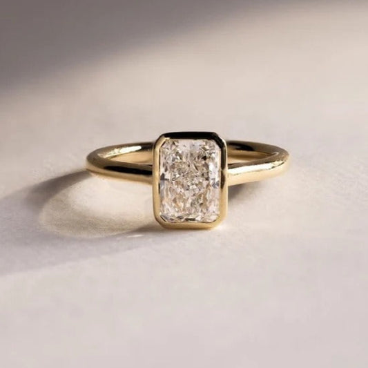2 CT Radiant Cut Moissanite Bezel Set Engagement Ring, 14K Yellow Gold Lab Grown Diamond Ring