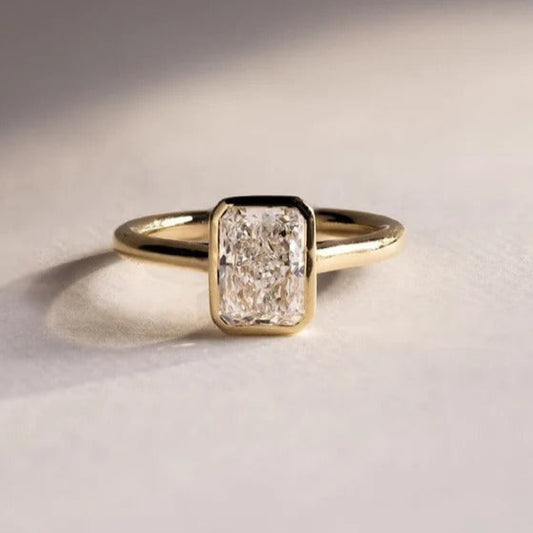 Radiant Cut Moissanite Bezel Set Ring – 14K Yellow Gold Minimalist Engagement Ring