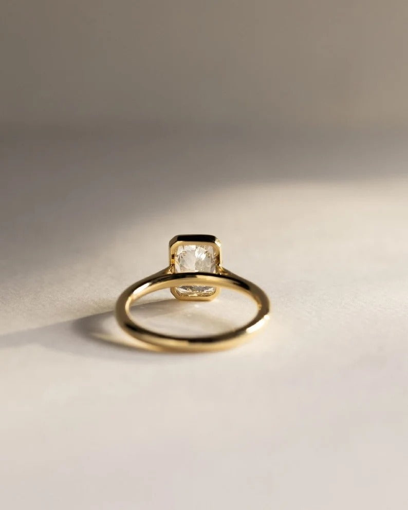 Radiant Cut Moissanite Bezel Set Ring – 14K Yellow Gold Minimalist Engagement Ring