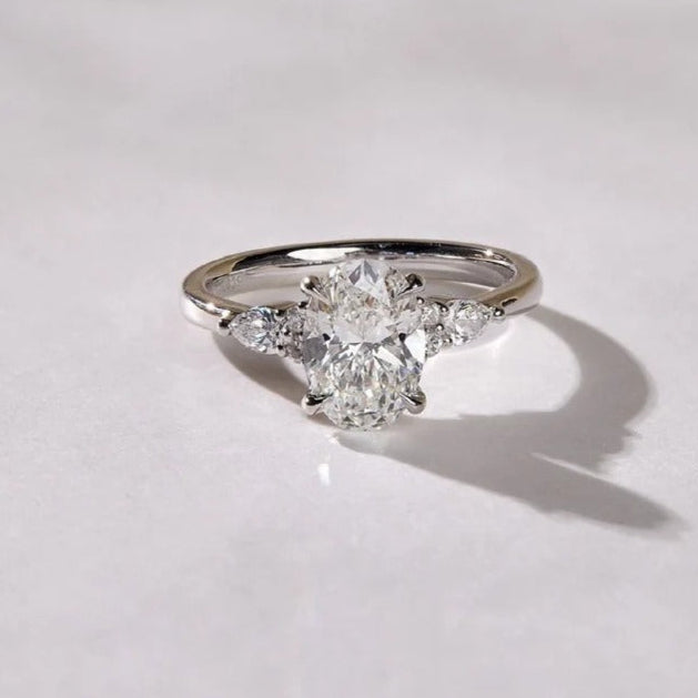 Oval Cluster Moissanite Engagement Ring – 2 CT White Gold Three Stone Ring