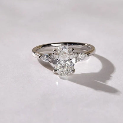 Oval Cluster Moissanite Engagement Ring – 2 CT White Gold Three Stone Ring