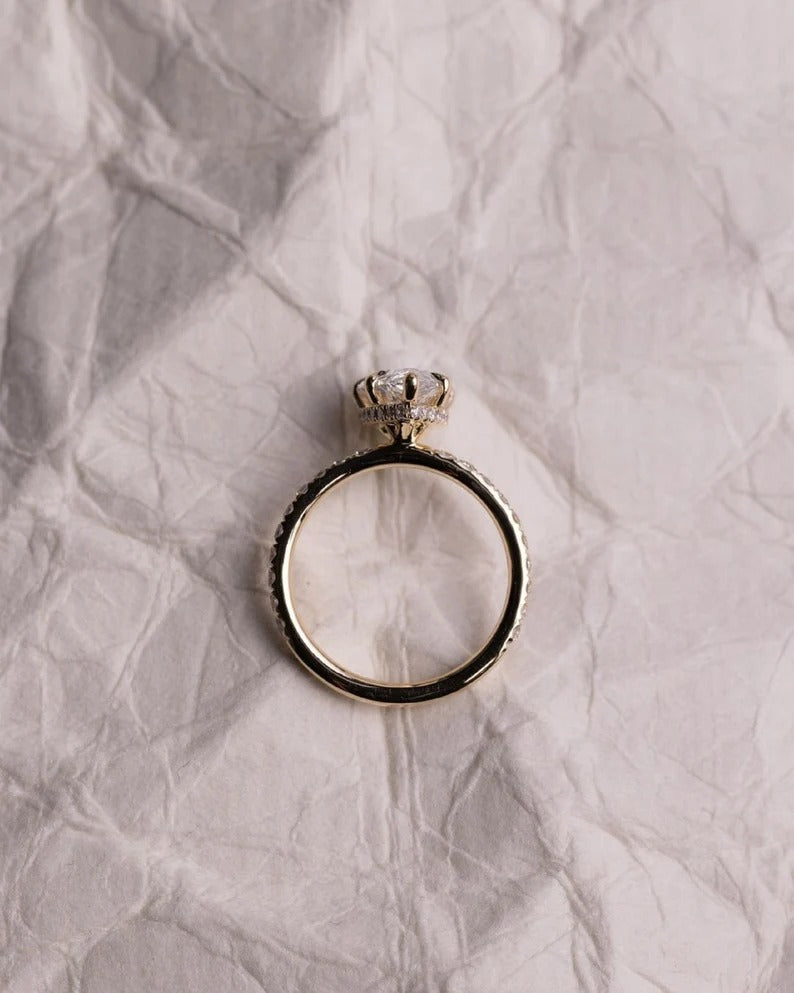 2.0 CT Pear Cut Moissanite or Lab Grown Diamond Pavé Engagement Ring, Custom Solid Gold Solitaire ring
