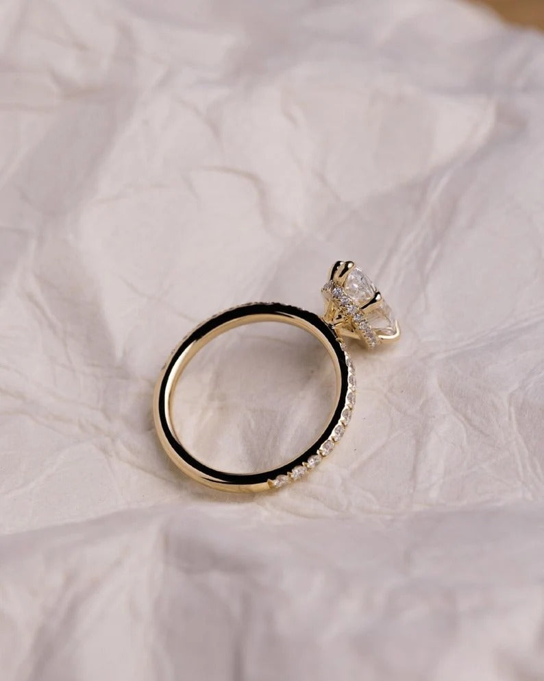 2.0 CT Pear Cut Moissanite or Lab Grown Diamond Pavé Engagement Ring, Custom Solid Gold Solitaire ring